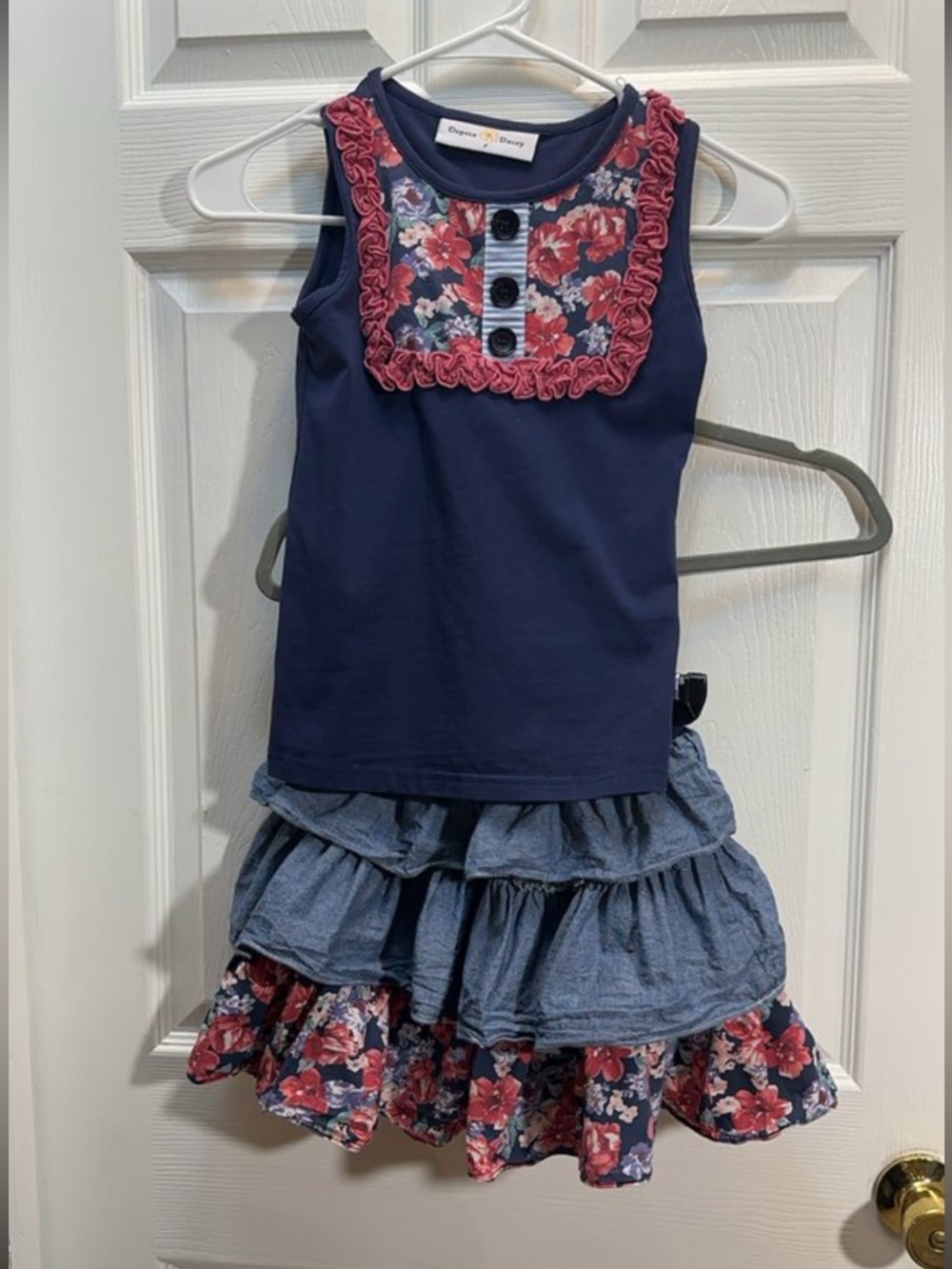 Girls Navy Floral Ruffle Tank & Tiered Skirt Matching Set